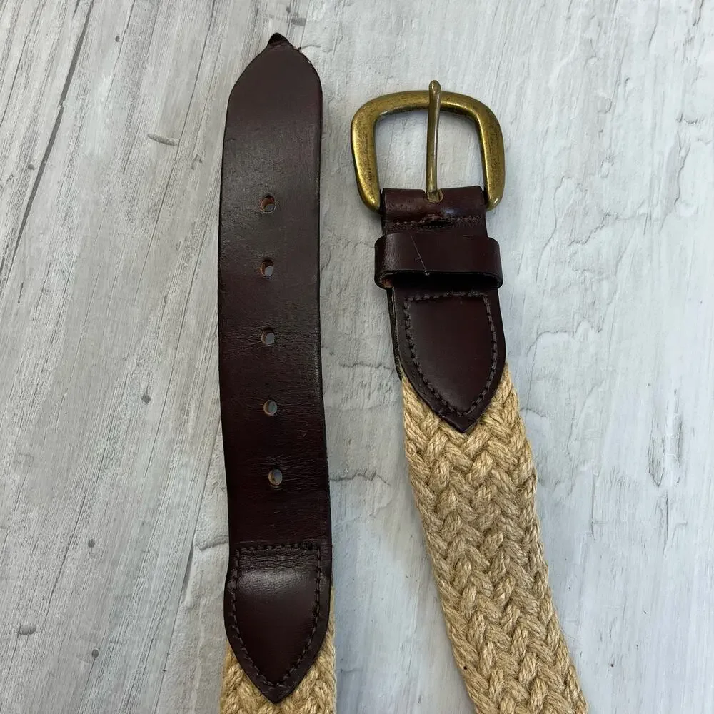 Brown Braided Rope Leather Gold Buckle Belt 37